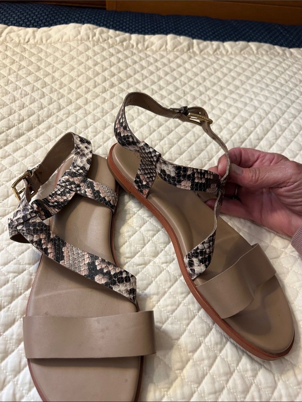 Cole Haan Beige and Snake-Print Ankle Strap Sandals